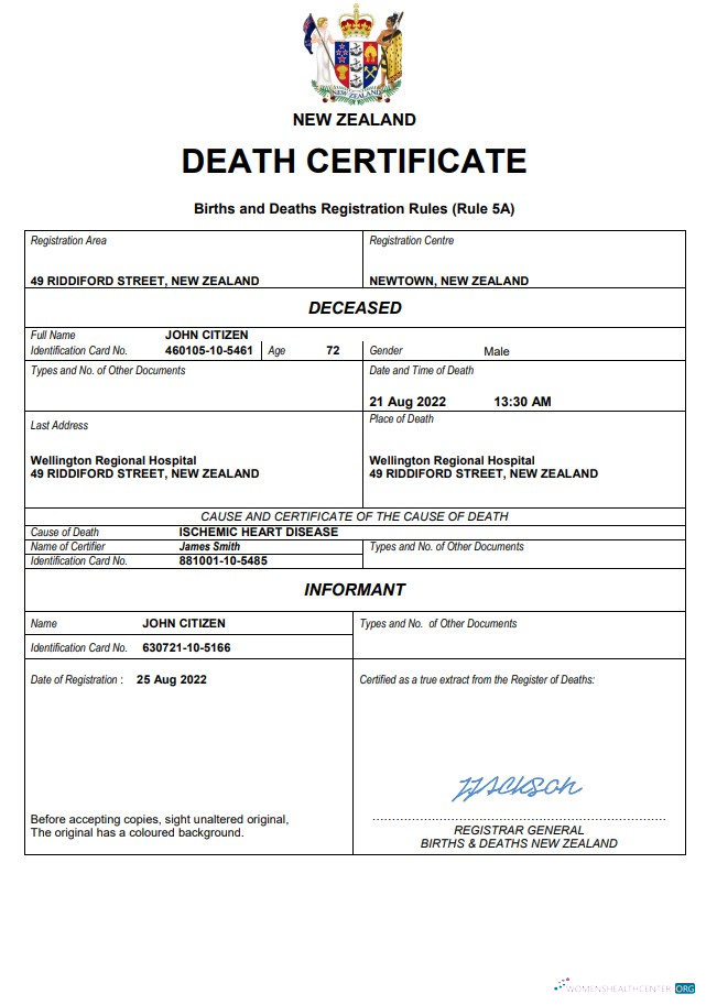 Download New Zealand death certificate Word and PDF template Photoshop template